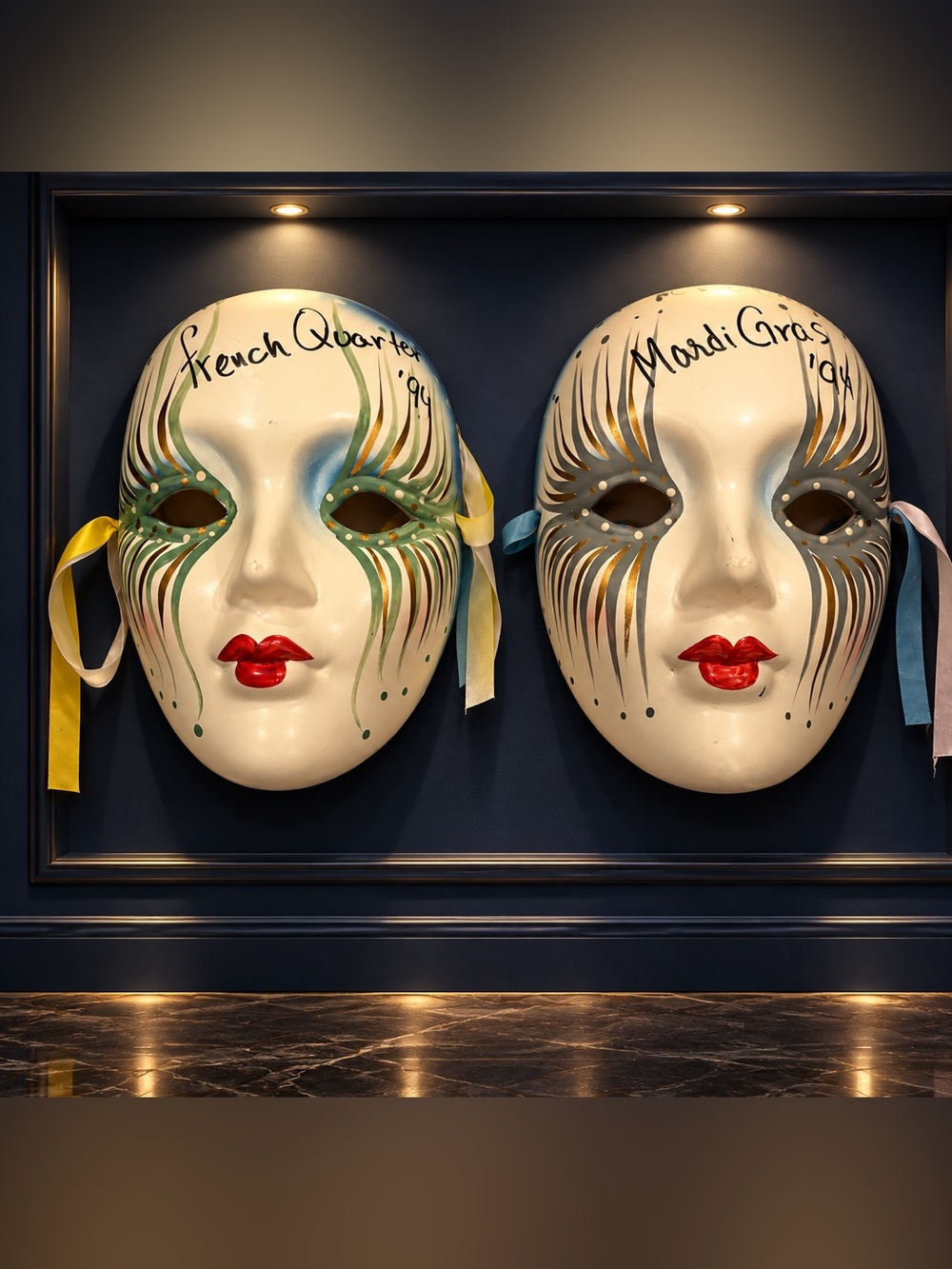 One Set of 2 Porcelain Mardi Gras French Quarter Masks Wall Decor Preowned